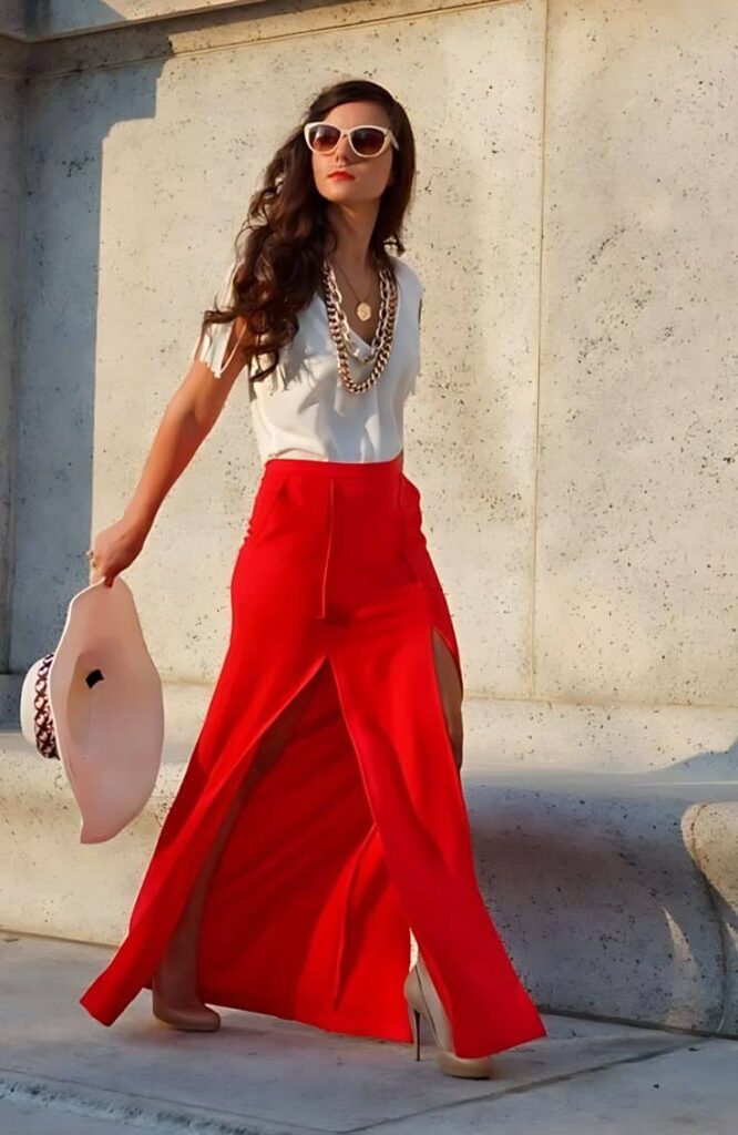 Red Vest and White Long Skirt